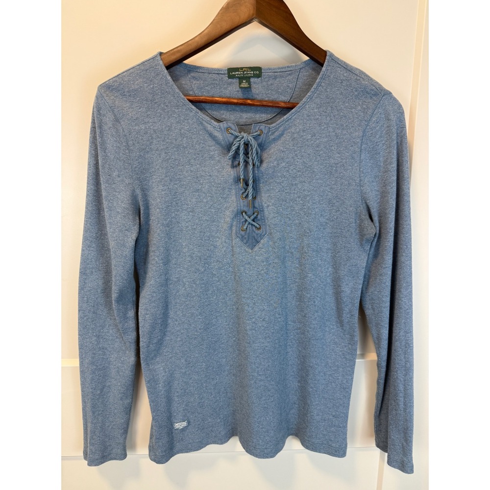 Lauren Ralph Lauren Jeans Co Lace Up Blue Henley Long Sleeve Shirt‎ Size M